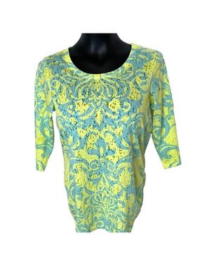B.L.E.U. Neon Yellow & Aqua Sparkling Patterned Scoop Neck Tunic EUC
